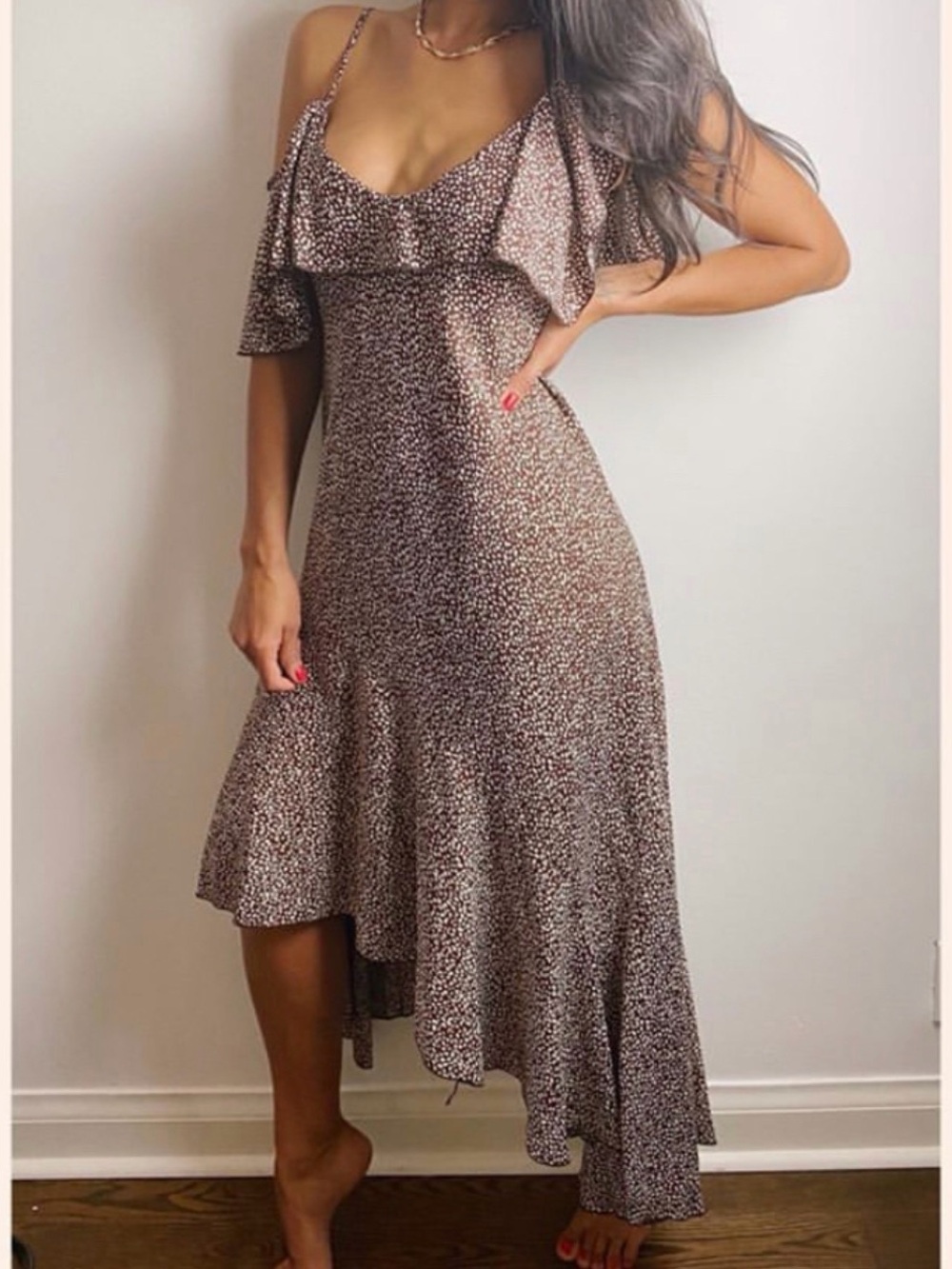 Ces Femme Brown Printed Asymmetrical Ruffle Midi Dress